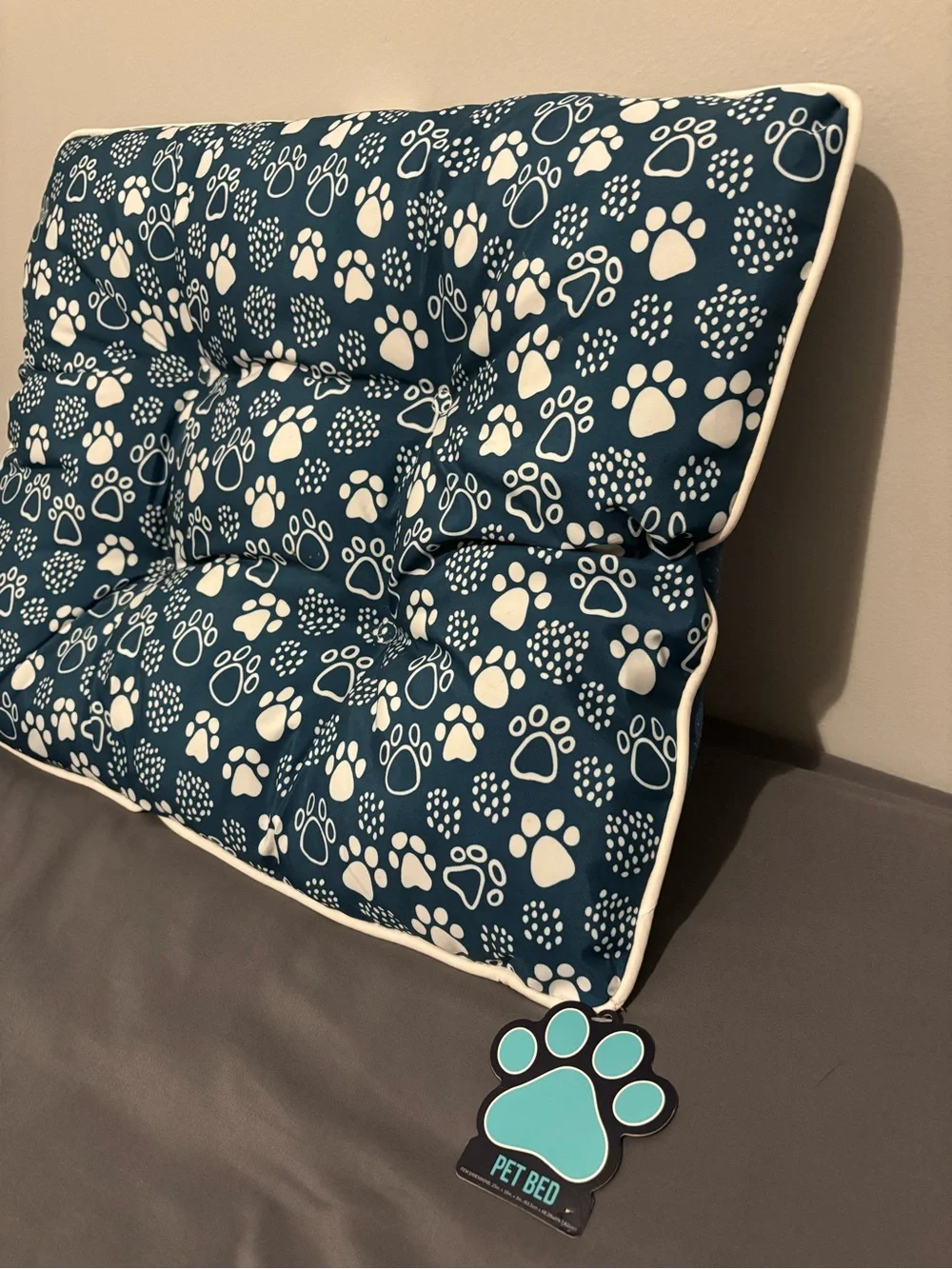Plush Pet Bed Cushion in Teal with White Paw Print